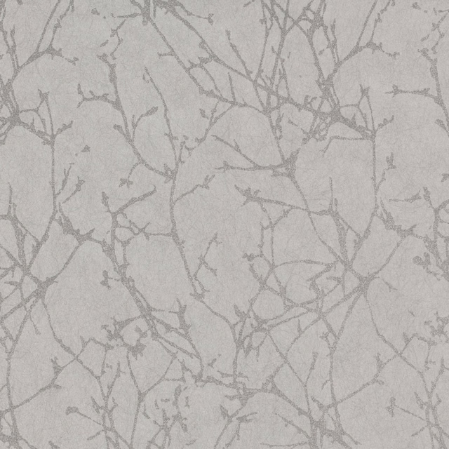 Pale silver-grey wallpaper with fine branching bead-like lines and soft tonal texture
