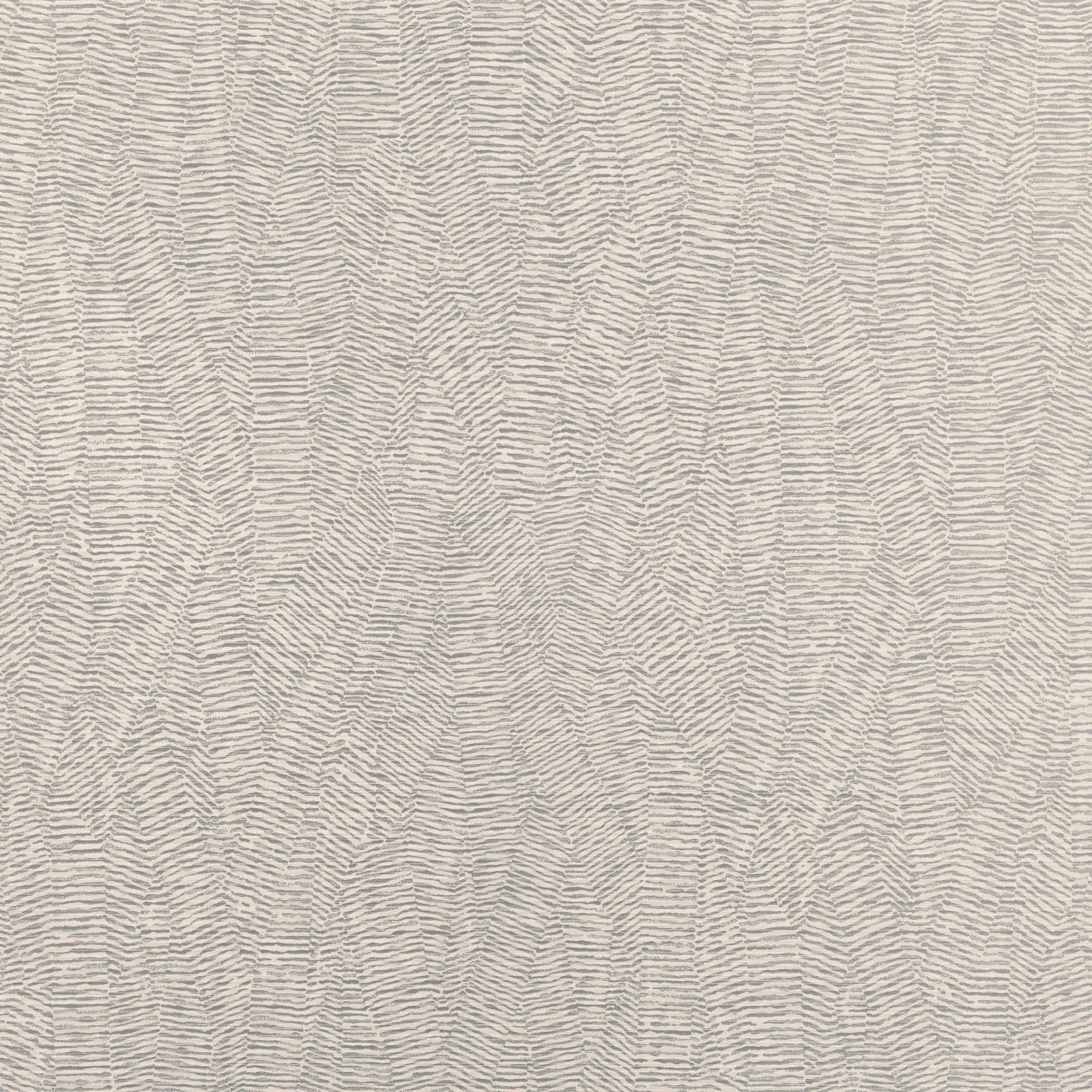 Pale silver-grey wallpaper with fine broken chevrons in wavering vertical bands