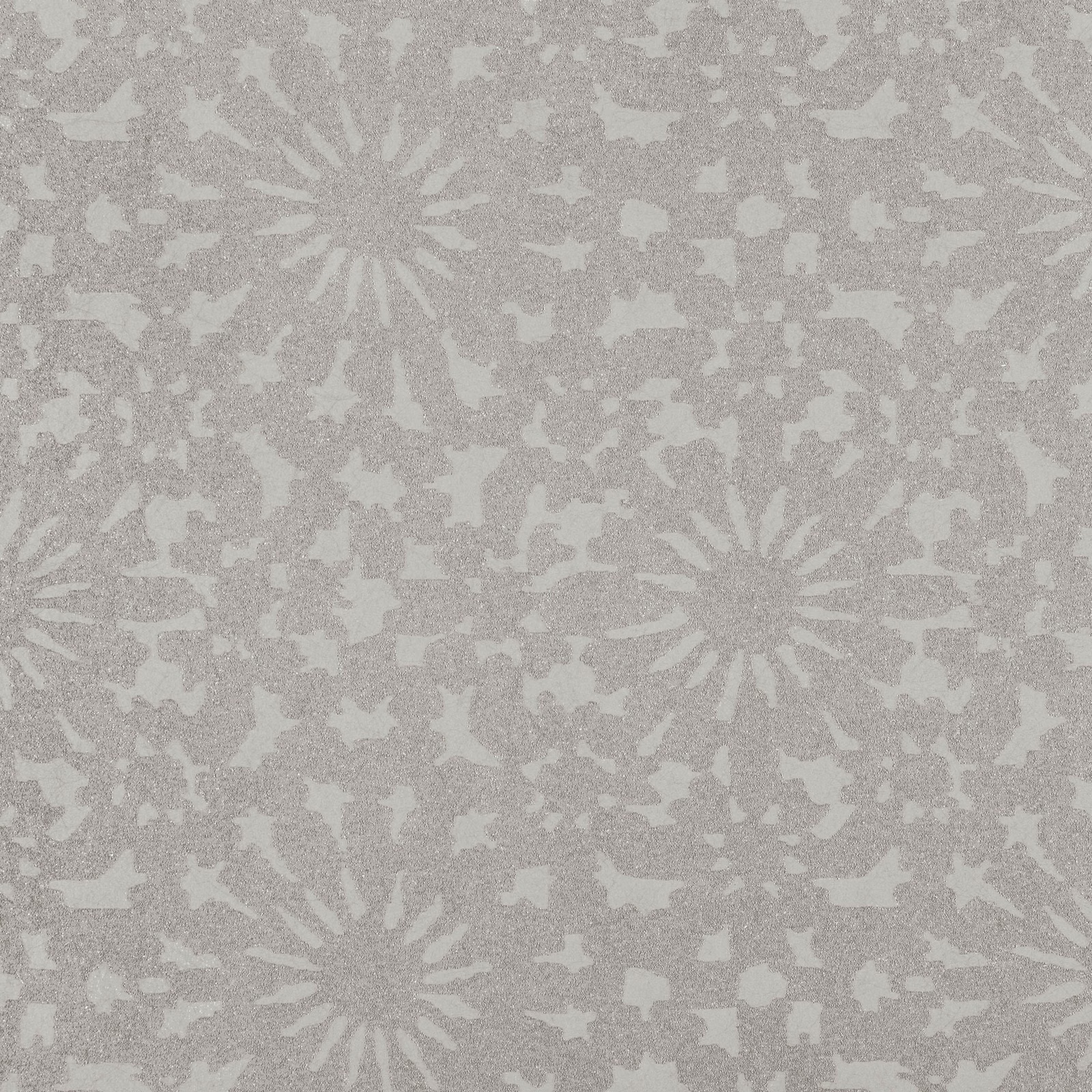 Cool silver-grey wallpaper with pale floral medallions and softly mottled botanical fragments