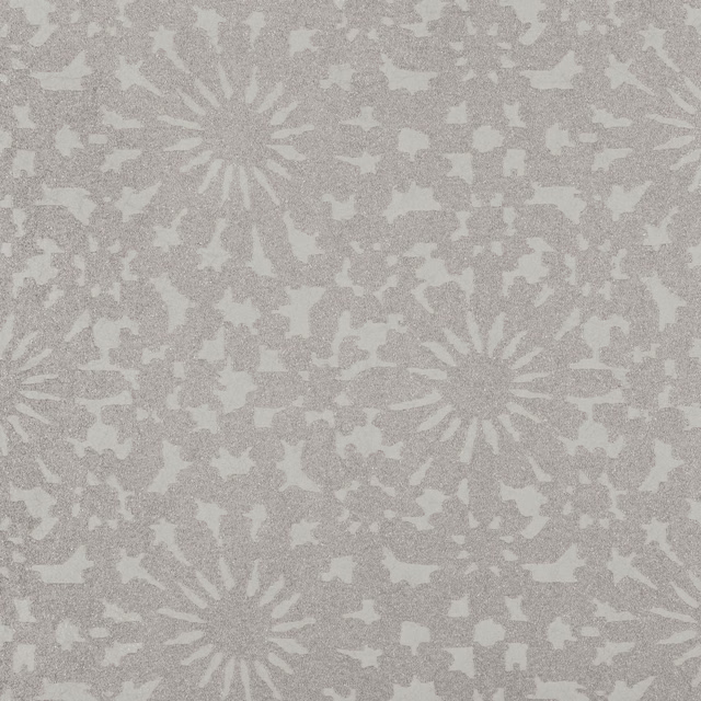 Cool silver-grey wallpaper with pale floral medallions and softly mottled botanical fragments
