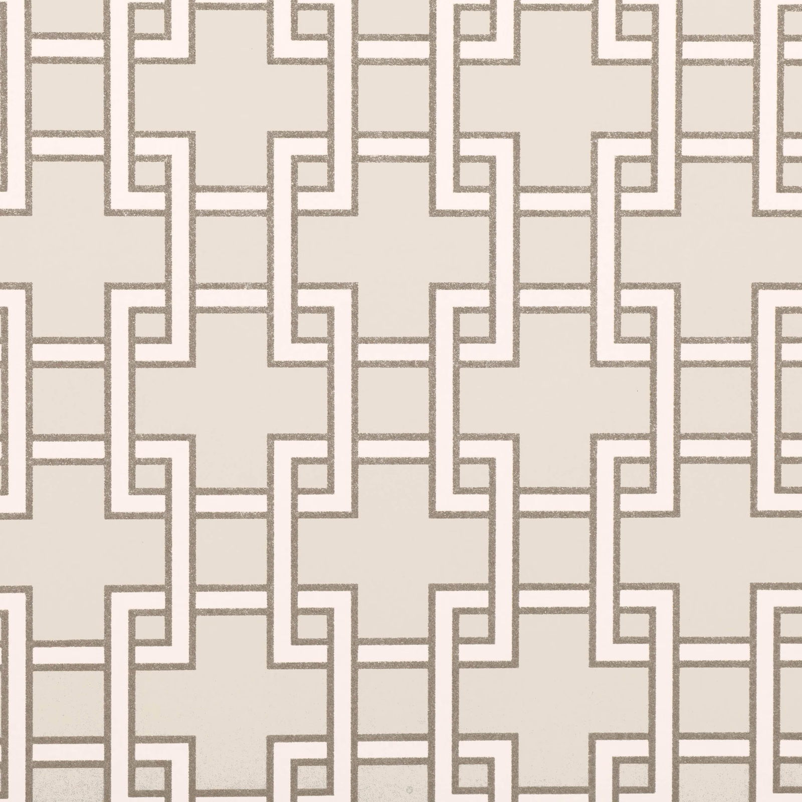 Warm greige wallpaper with taupe-grey interlocking geometric lines in a repeating grid