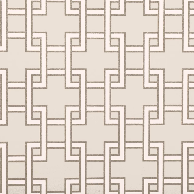 Warm greige wallpaper with taupe-grey interlocking geometric lines in a repeating grid
