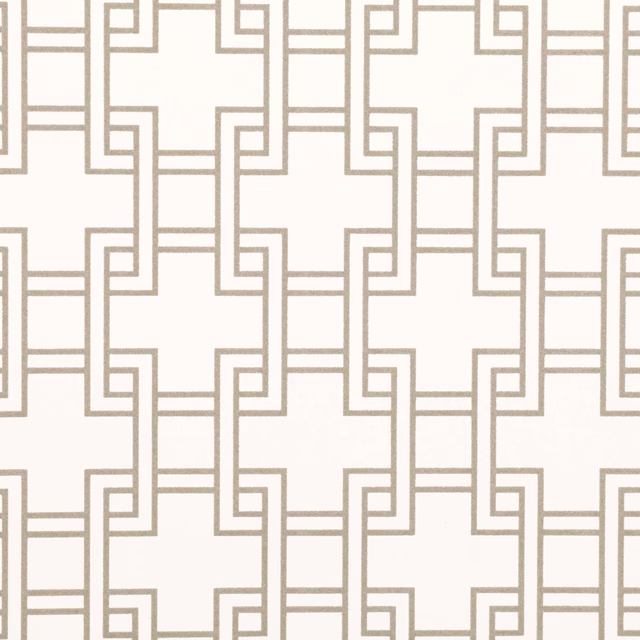 Warm white wallpaper with repeating taupe stepped geometric lines
