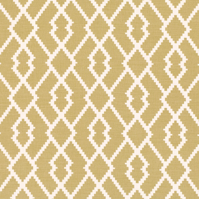 Warm dandelion-gold woven fabric with an ivory geometric diamond trellis pattern