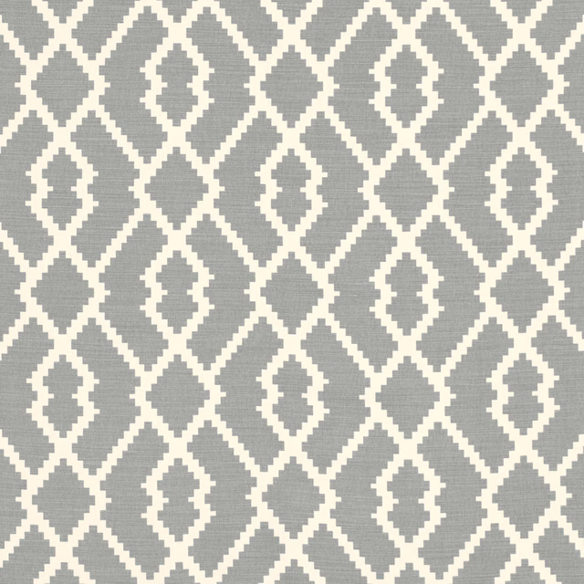 Muted eucalyptus grey-green fabric with cream interlocking diamond lattice and fine woven texture