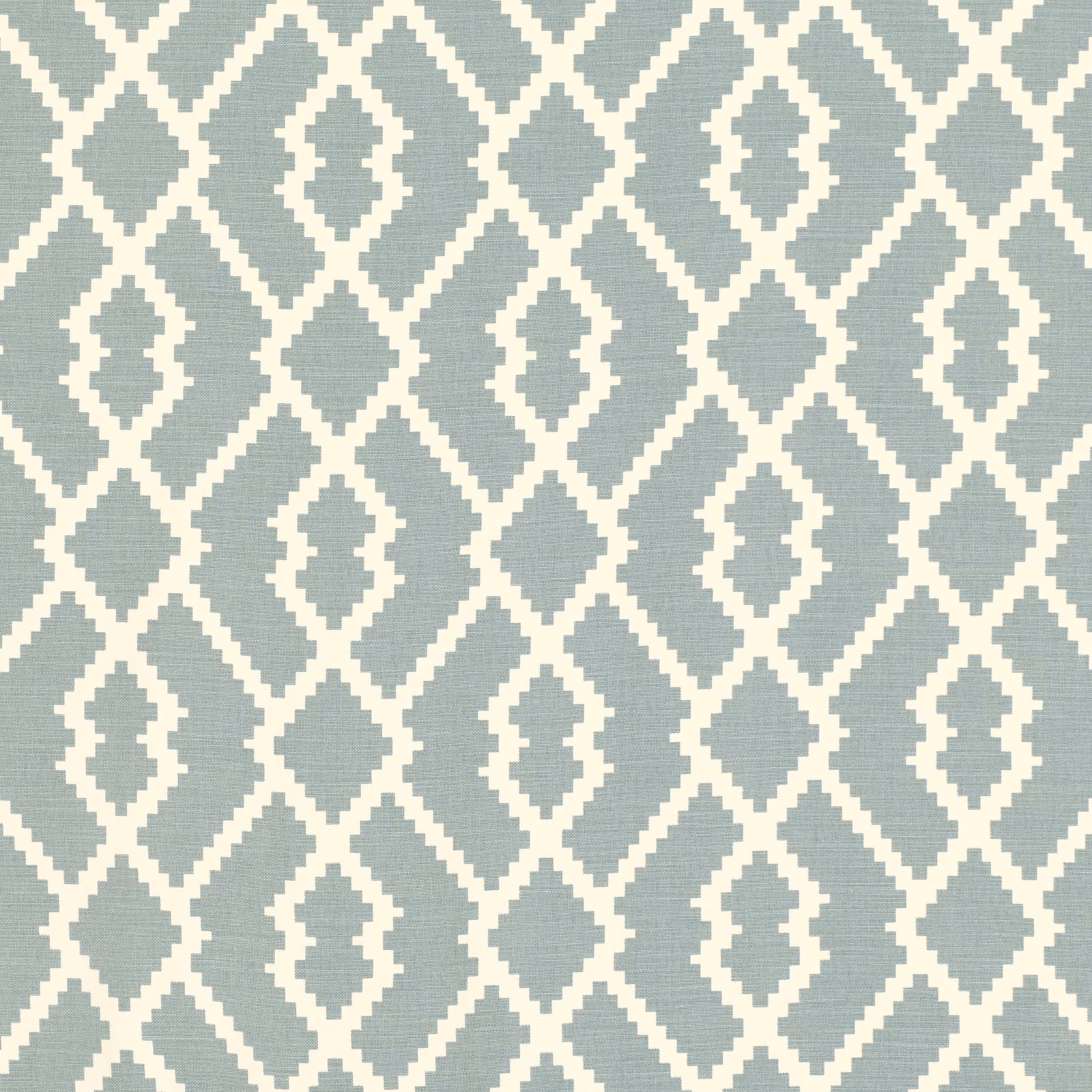 Muted French-blue woven ground with ivory diamonds and stepped ogee motifs