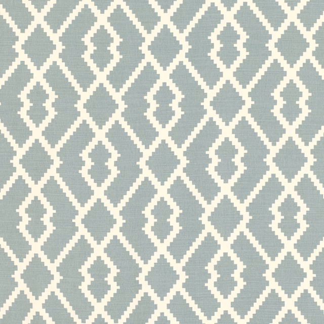 Muted French-blue woven ground with ivory diamonds and stepped ogee motifs