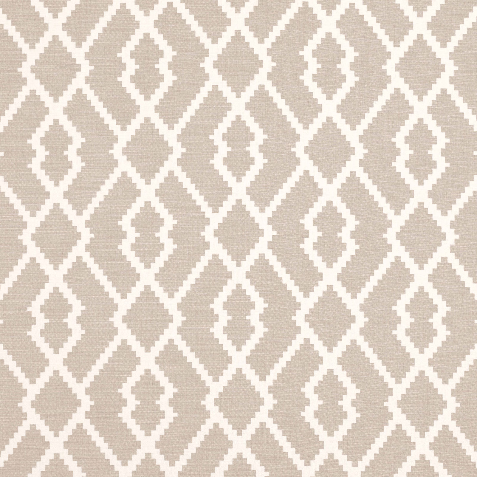 Stone taupe woven fabric with repeating ivory diamond trellis pattern