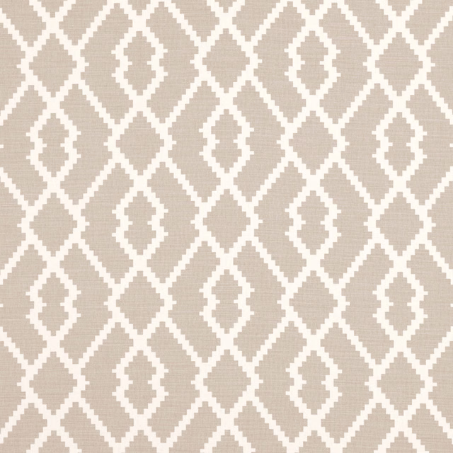 Stone taupe woven fabric with repeating ivory diamond trellis pattern