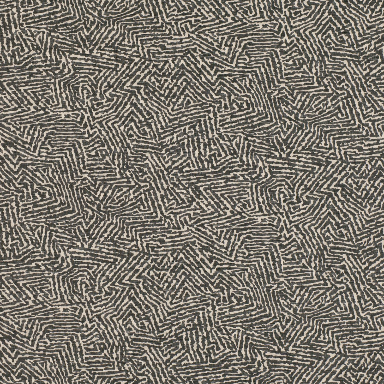 Cool charcoal fabric with pale maze-like lines in a dense abstract pattern
