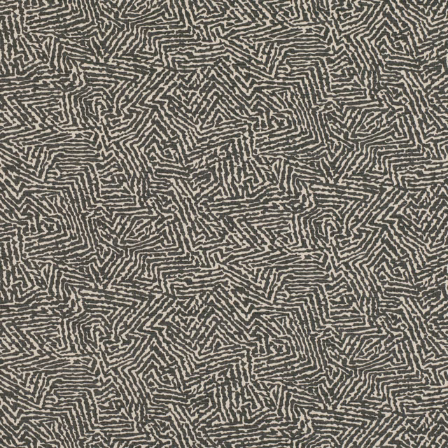 Cool charcoal fabric with pale maze-like lines in a dense abstract pattern