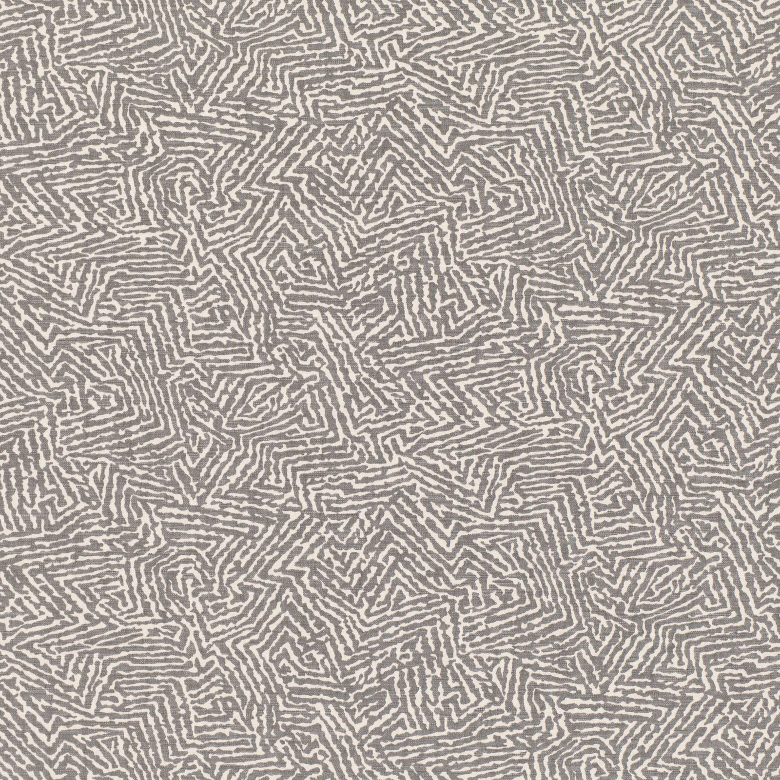 Soft warm grey woven fabric with an ivory maze-like geometric pattern and tactile texture