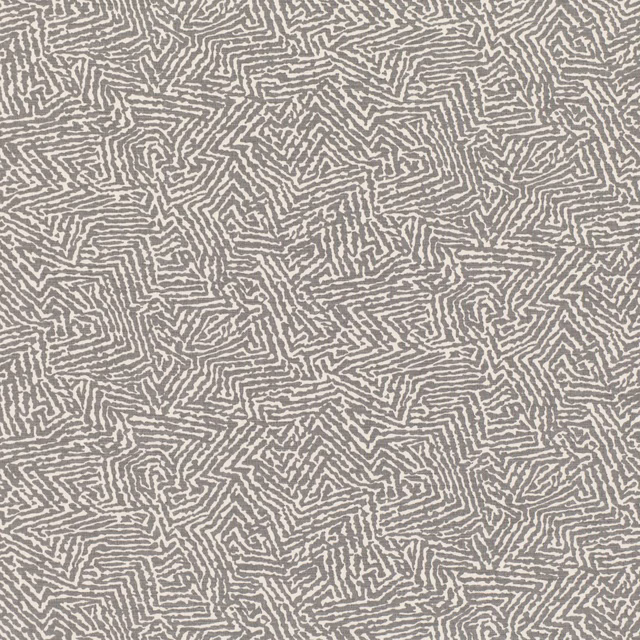 Soft warm grey woven fabric with an ivory maze-like geometric pattern and tactile texture