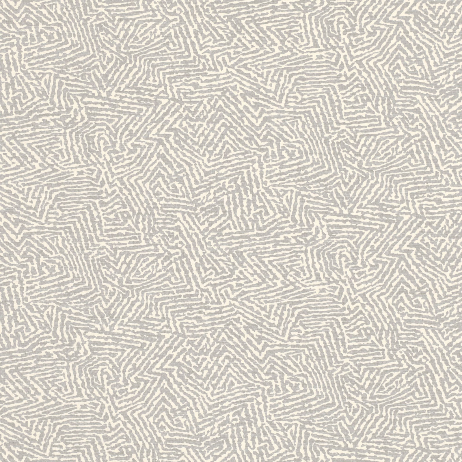 Pale pigeon-grey fabric with ivory maze-like geometric lines and a softly textured surface