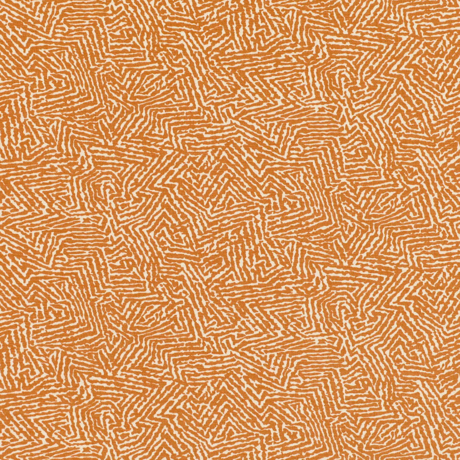 Pumpkin-orange fabric with dense cream maze-like geometric lines and soft texture