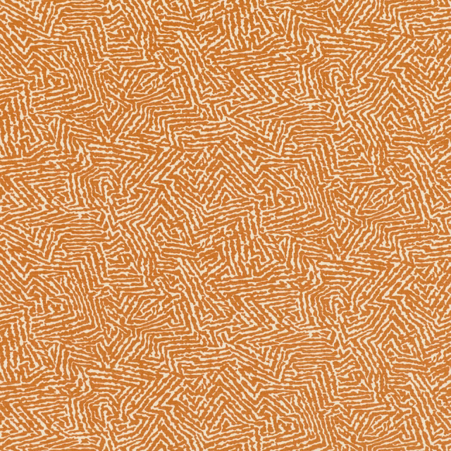 Pumpkin-orange fabric with dense cream maze-like geometric lines and soft texture