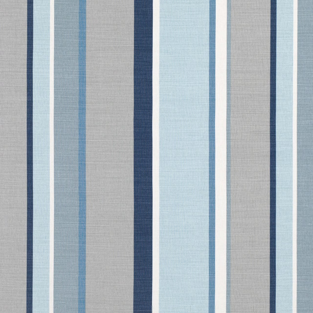 Cool denim-blue and pale grey vertical stripes in a fine textured weave