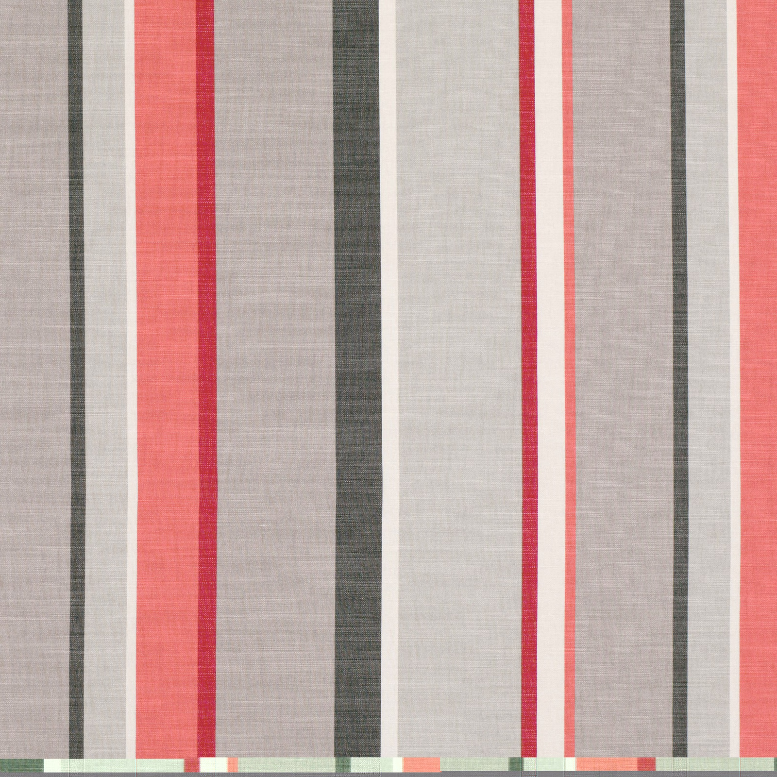 Warm coral and red vertical stripes with charcoal and ivory bands on woven fabric