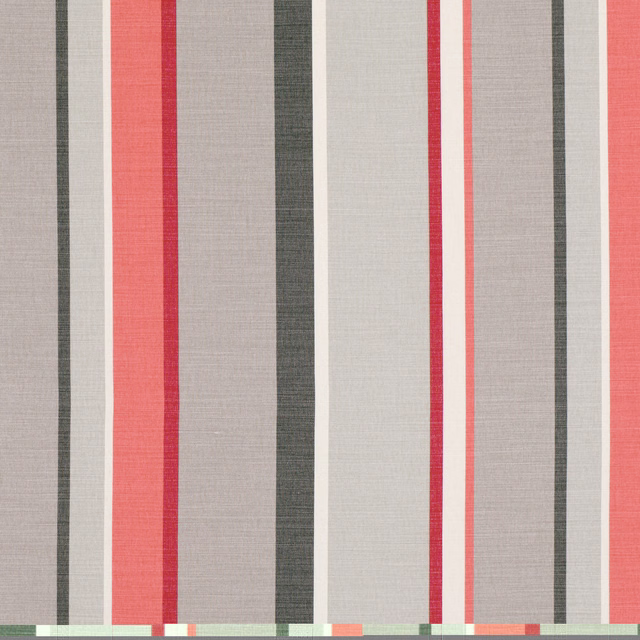 Warm coral and red vertical stripes with charcoal and ivory bands on woven fabric