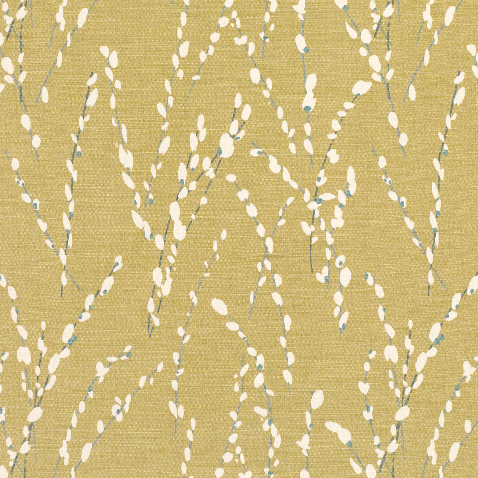 Warm ochre woven fabric with white trailing buds and delicate blue-grey stems