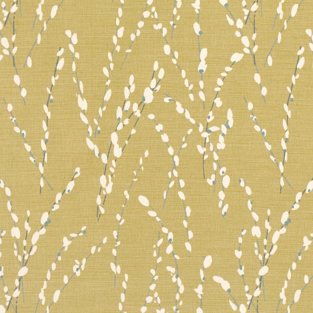 Warm ochre woven fabric with white trailing buds and delicate blue-grey stems