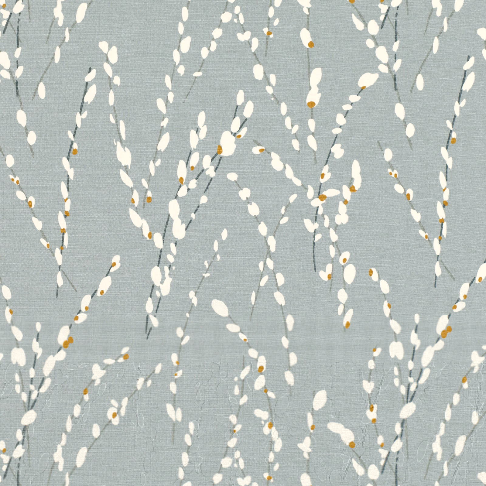 Cool French blue fabric with ivory trailing sprigs and tiny ochre accents