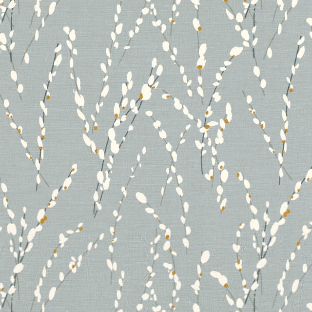 Cool French blue fabric with ivory trailing sprigs and tiny ochre accents