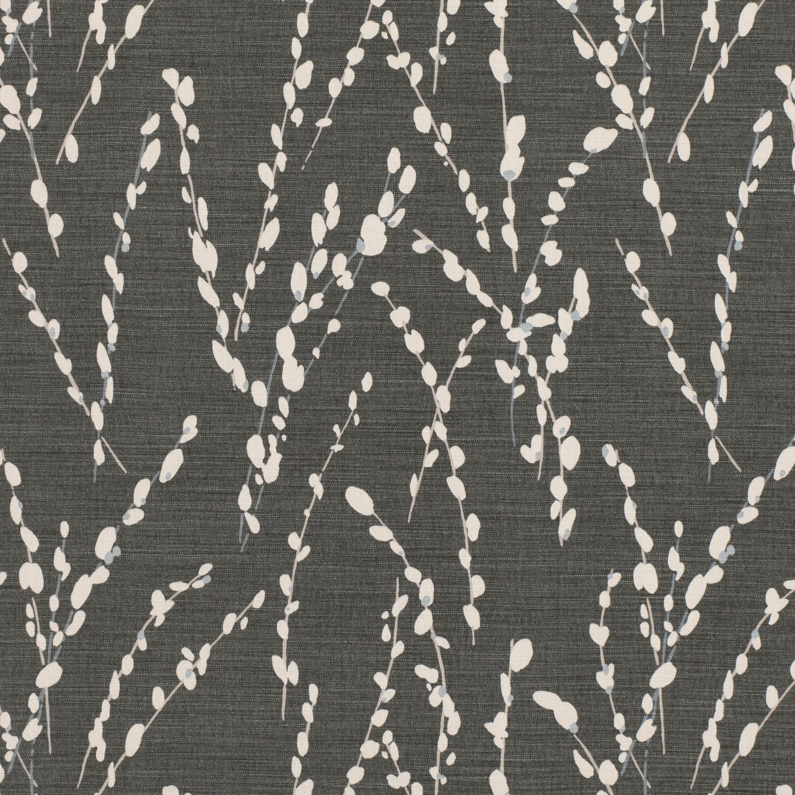 Charcoal grey woven ground with scattered ivory branching sprigs and fine horizontal texture