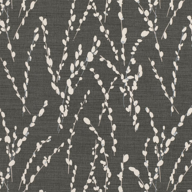 Charcoal grey woven ground with scattered ivory branching sprigs and fine horizontal texture
