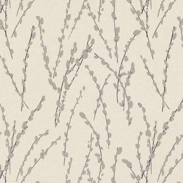 Warm natural beige fabric with scattered taupe-grey twig sprigs and subtle woven texture