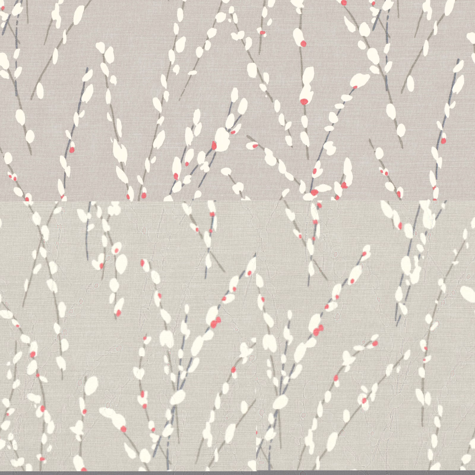 Warm grey woven fabric with ivory branching leaves and small muted coral accents