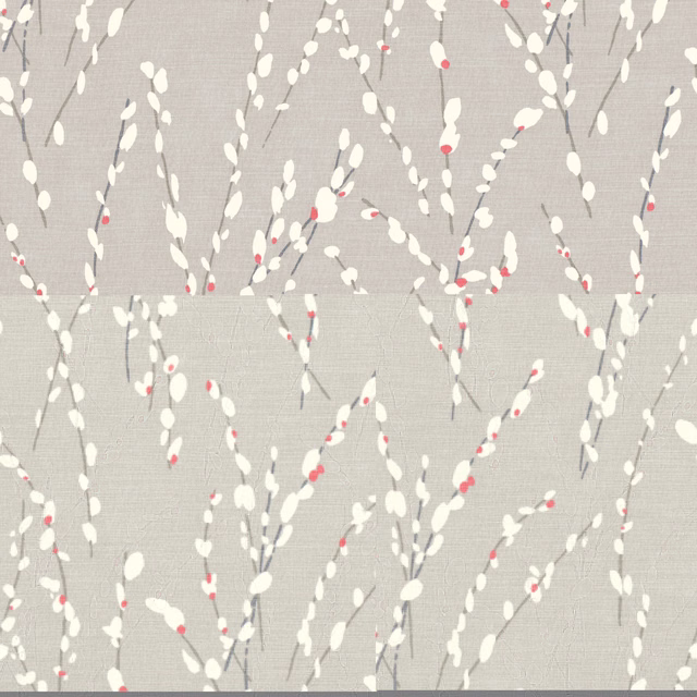 Warm grey woven fabric with ivory branching leaves and small muted coral accents