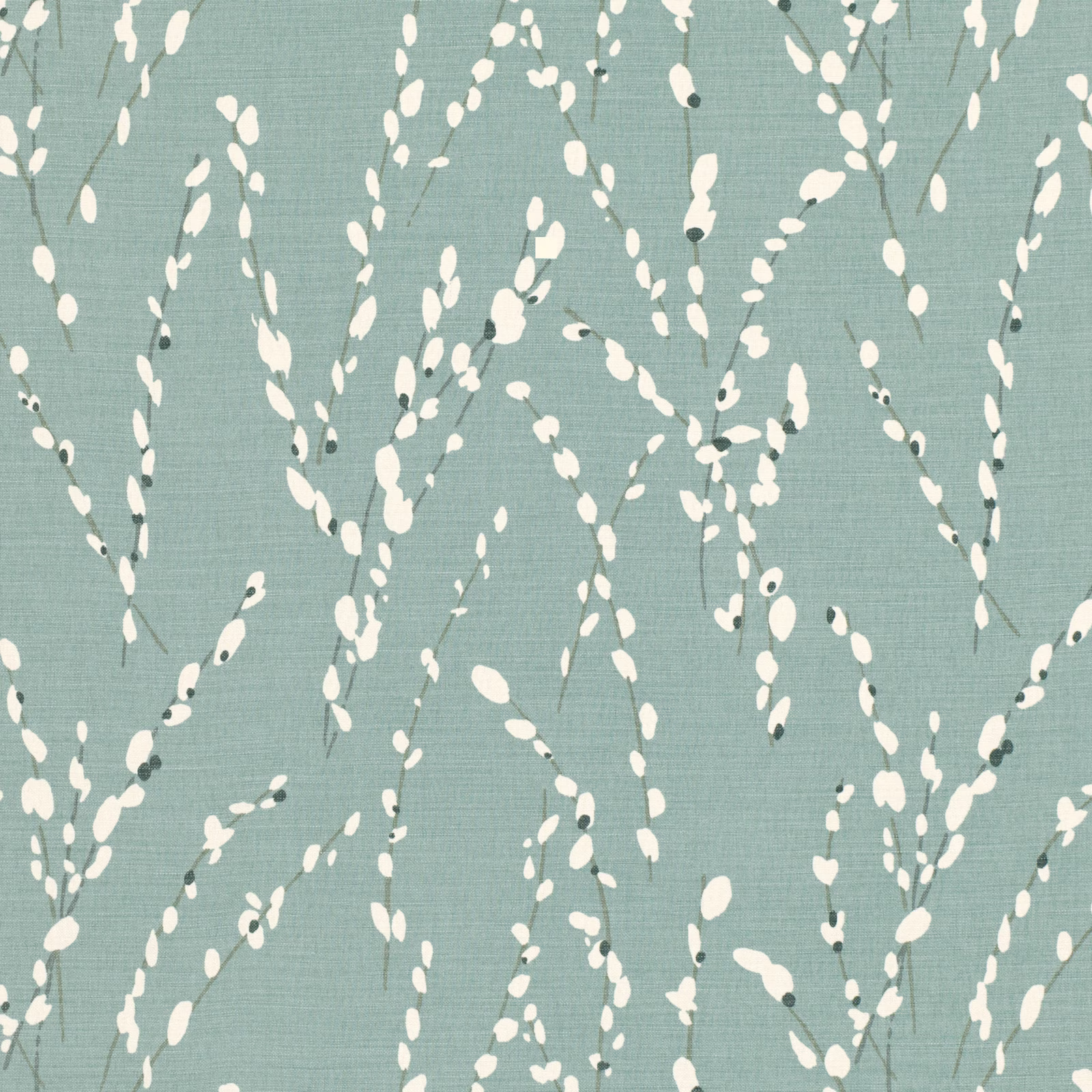 Muted seafoam fabric with ivory branching sprigs and fine woven texture