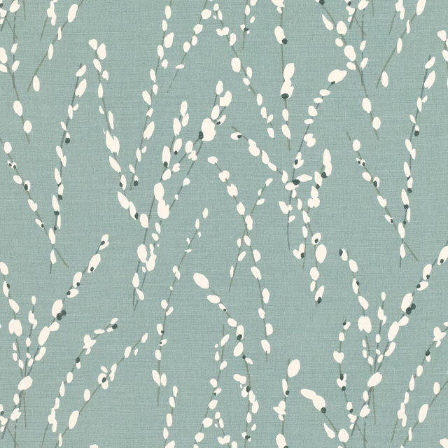 Muted seafoam fabric with ivory branching sprigs and fine woven texture