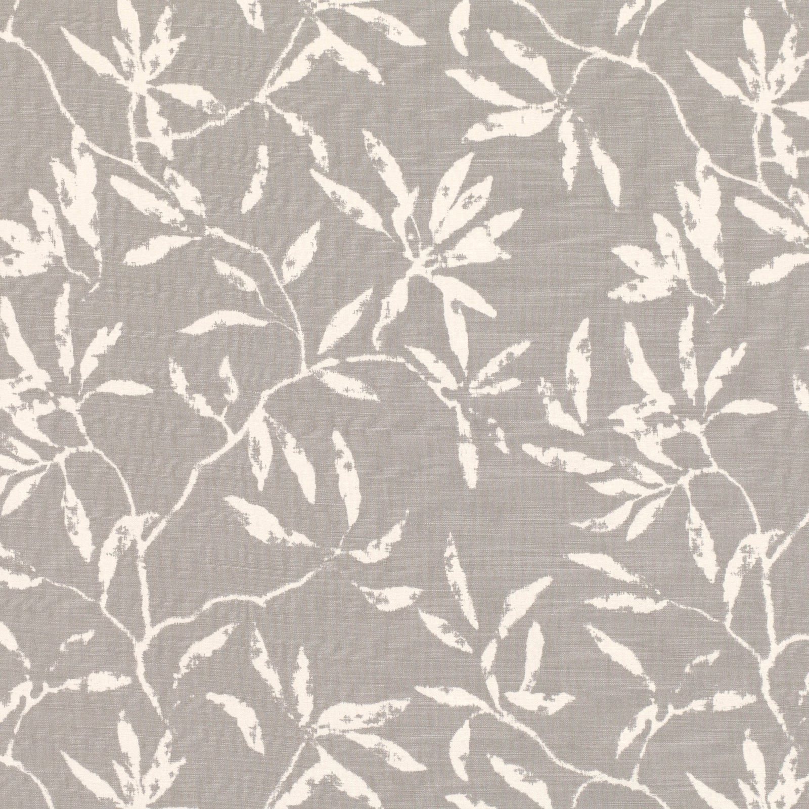 Chinchilla-grey woven fabric with scattered ivory leafy branches and fine horizontal texture