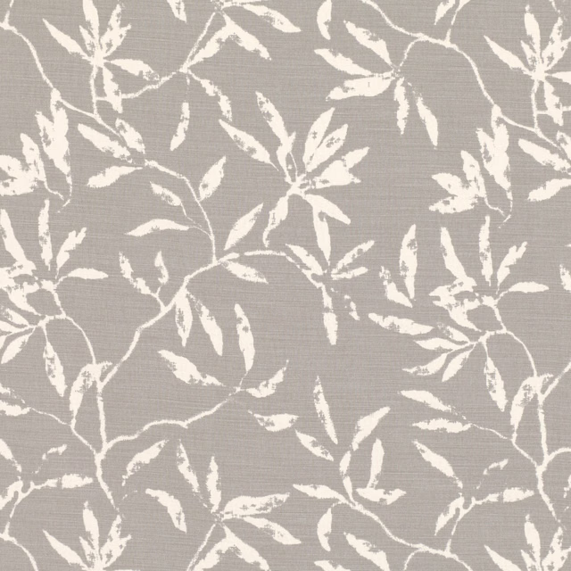 Chinchilla-grey woven fabric with scattered ivory leafy branches and fine horizontal texture