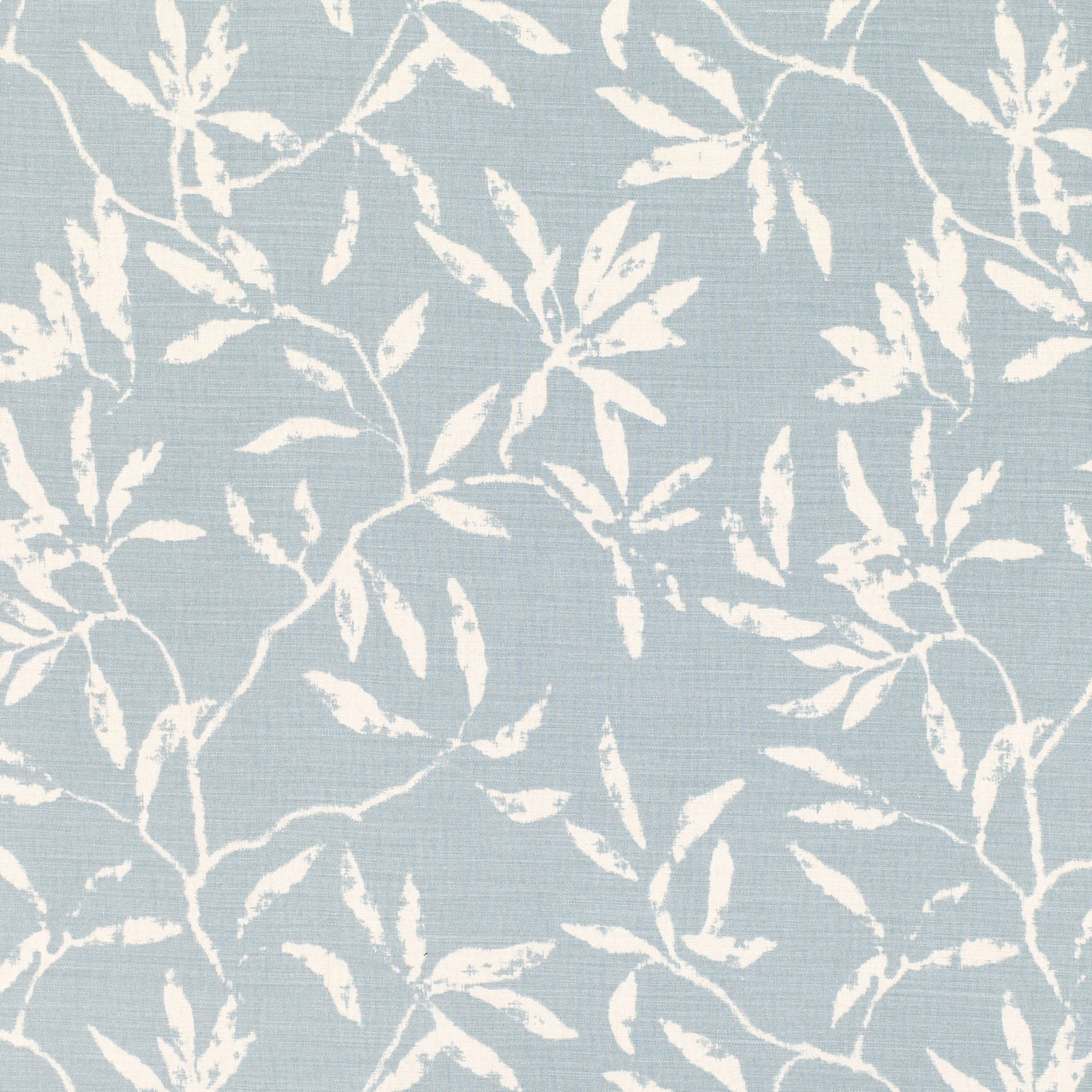 Pale duck-egg blue woven ground with branching ivory botanical leaves