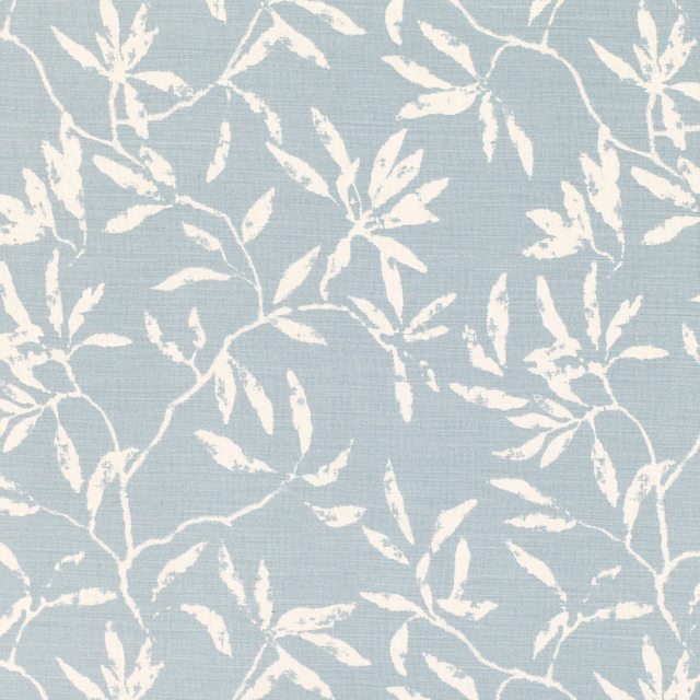 Pale duck-egg blue woven ground with branching ivory botanical leaves