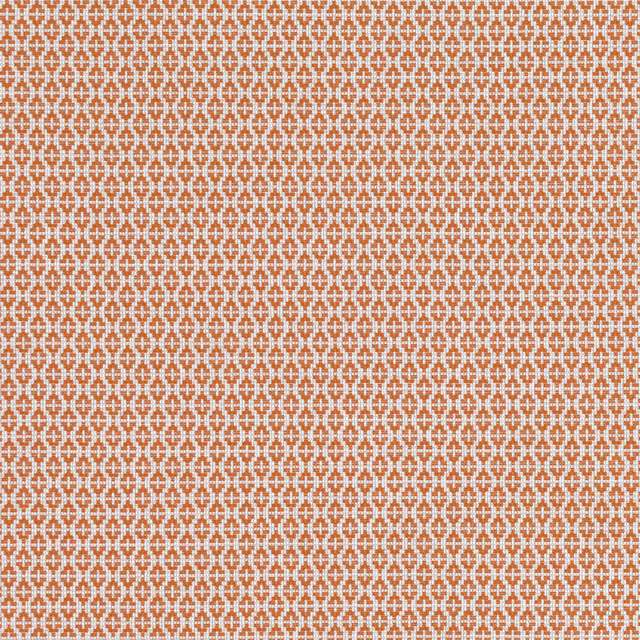 Terracotta textile swatch with dense cream interlocking geometric motifs and woven texture