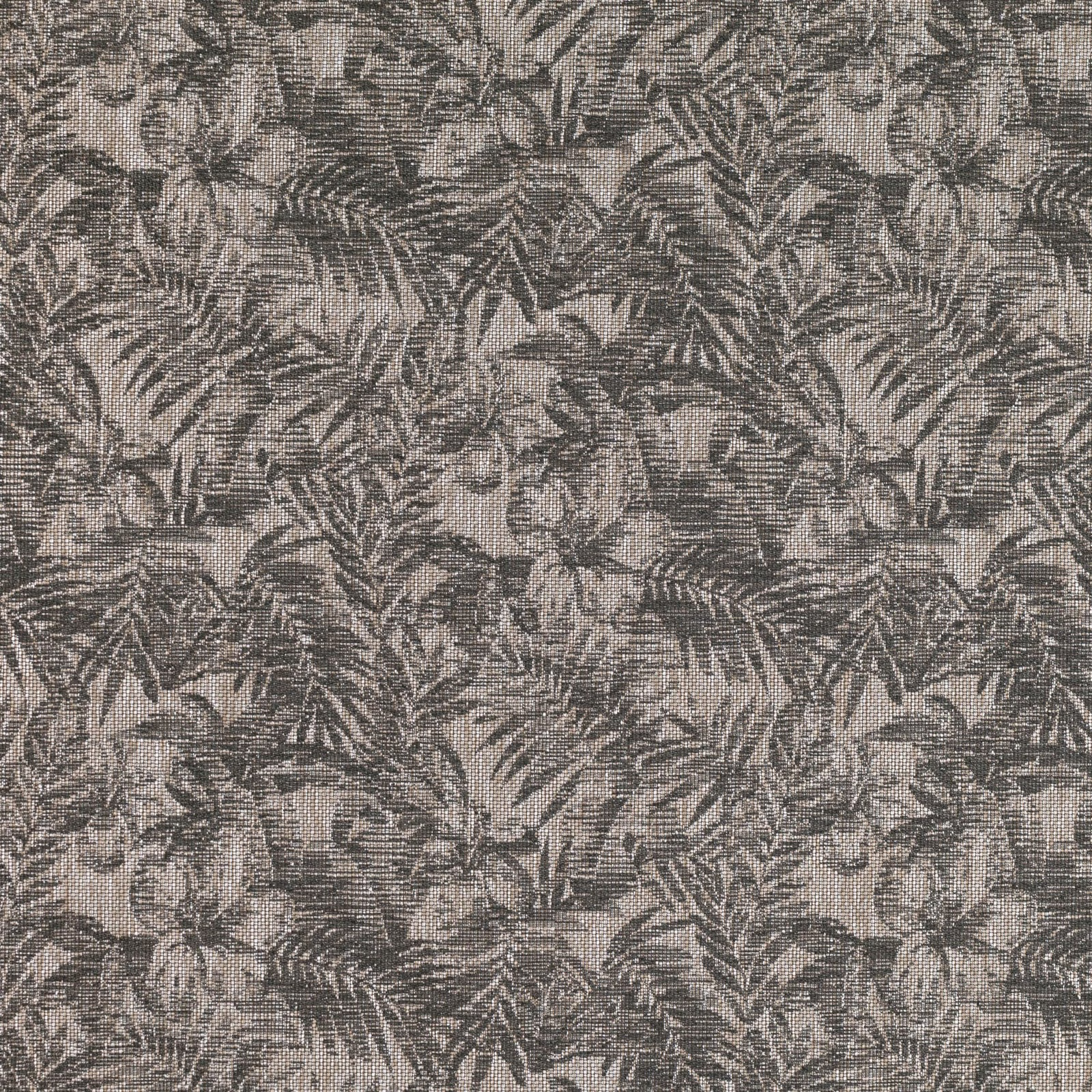 Charcoal grey woven fabric with dense leafy botanical and floral motifs