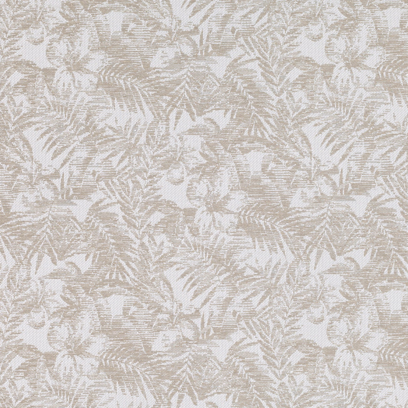 Pale beige woven fabric with taupe-grey palms, leafy sprays and rounded blossoms