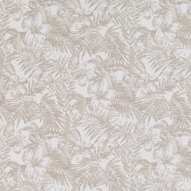 Pale beige woven fabric with taupe-grey palms, leafy sprays and rounded blossoms