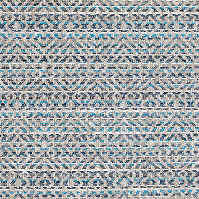 Mokolo Indigo woven fabric with indigo, teal, ivory and taupe geometric bands