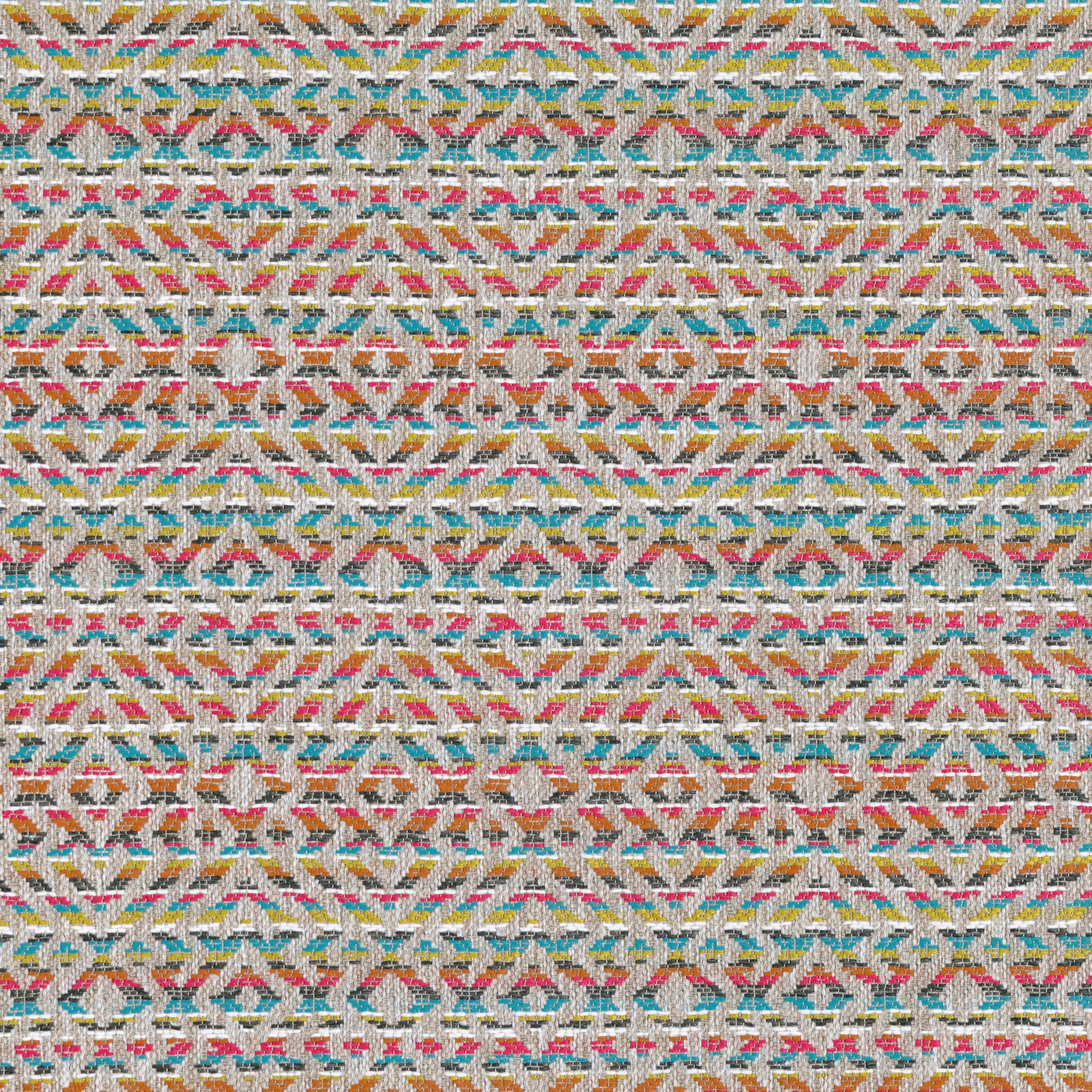 Ivory woven textile with teal, coral, mustard and grey geometric rows