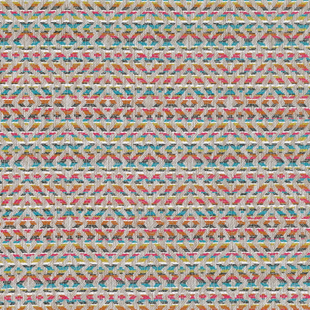Ivory woven textile with teal, coral, mustard and grey geometric rows