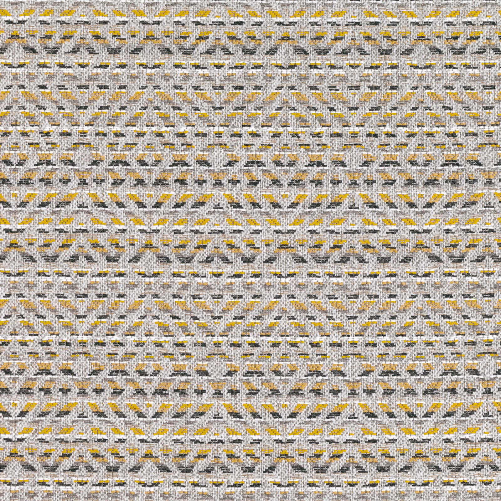 Cream and grey woven textile with maize-yellow geometric bands and charcoal flecks