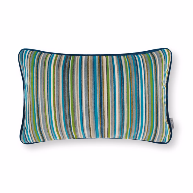 Basil green outdoor cushion with vertical teal, cream, grey and charcoal stripes