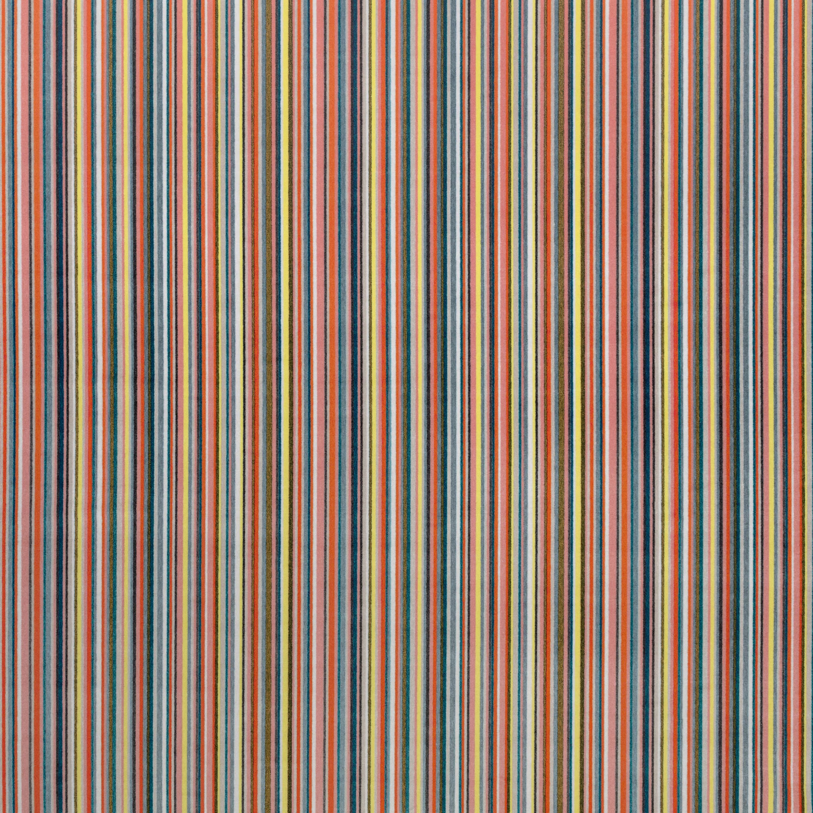 Fine vertical stripes in mandarin orange, teal, grey, cream and muted pink