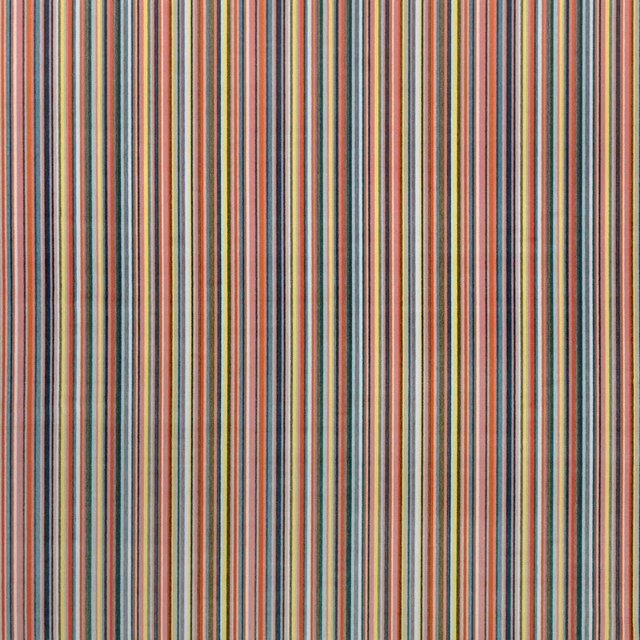 Fine vertical stripes in mandarin orange, teal, grey, cream and muted pink