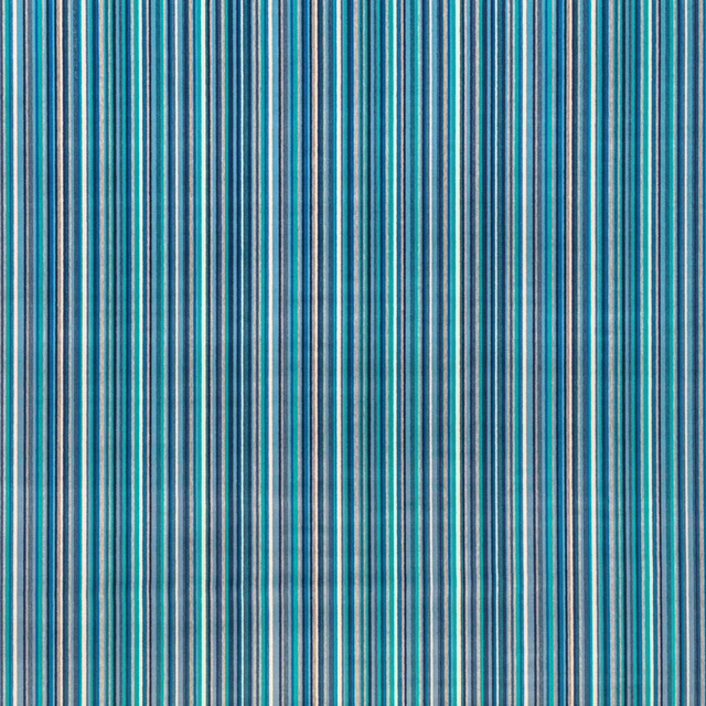 Fine vertical stripes in Moroccan blue, teal, grey and white with a woven texture